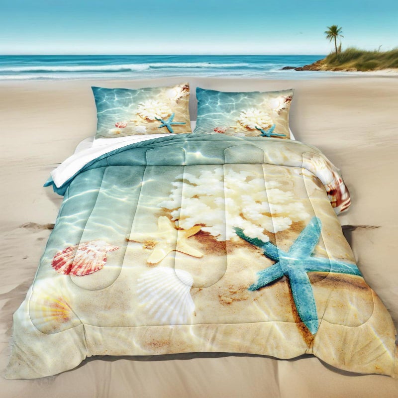 Bedbay Coastal Beach Comforter Set Queen Bedding Beach Theme Comforter Coastal Bedding Set Ocean Quilt Comforter Set Beach Decor Soft Microfiber Lightweigh Summer Quilt (Coastal,Queen) - Image 3